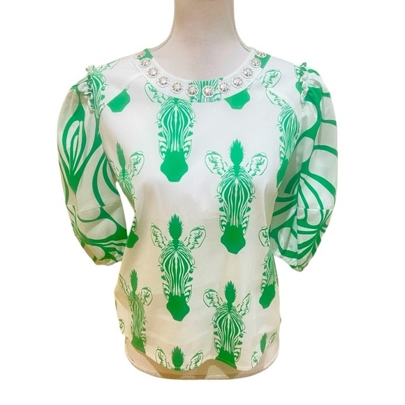 Sheridan French green & white zebra print puff sleeve cotton blouse size small - Picture 1 of 12